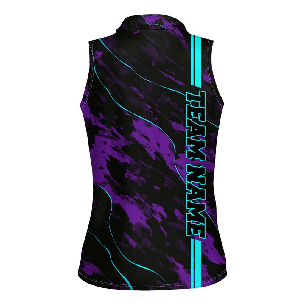 Strike Bowling Graphic Women Sleeveless Polo Shirt with Purple Black Marble Texture and Custom Team Name - Wonder Print Shop