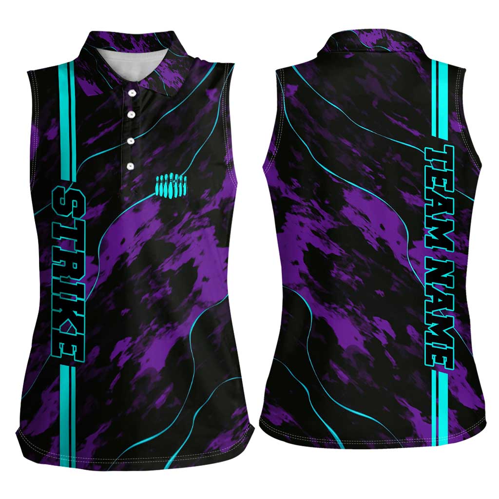 Strike Bowling Graphic Women Sleeveless Polo Shirt with Purple Black Marble Texture and Custom Team Name - Wonder Print Shop