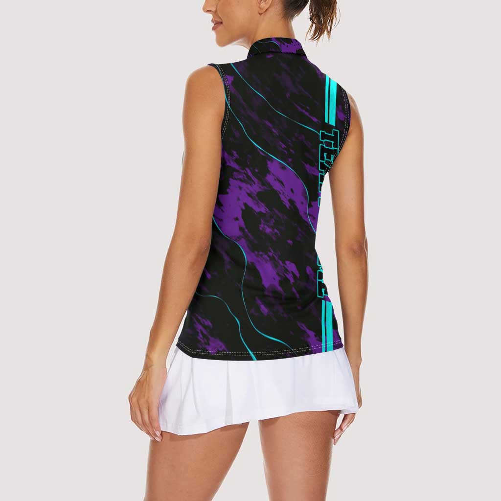 Strike Bowling Graphic Women Sleeveless Polo Shirt with Purple Black Marble Texture and Custom Team Name - Wonder Print Shop