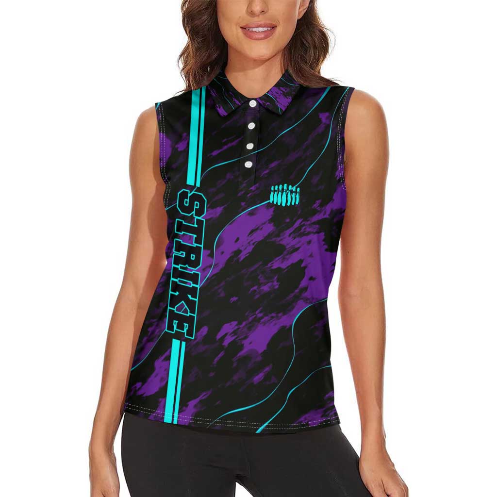 Strike Bowling Graphic Women Sleeveless Polo Shirt with Purple Black Marble Texture and Custom Team Name - Wonder Print Shop