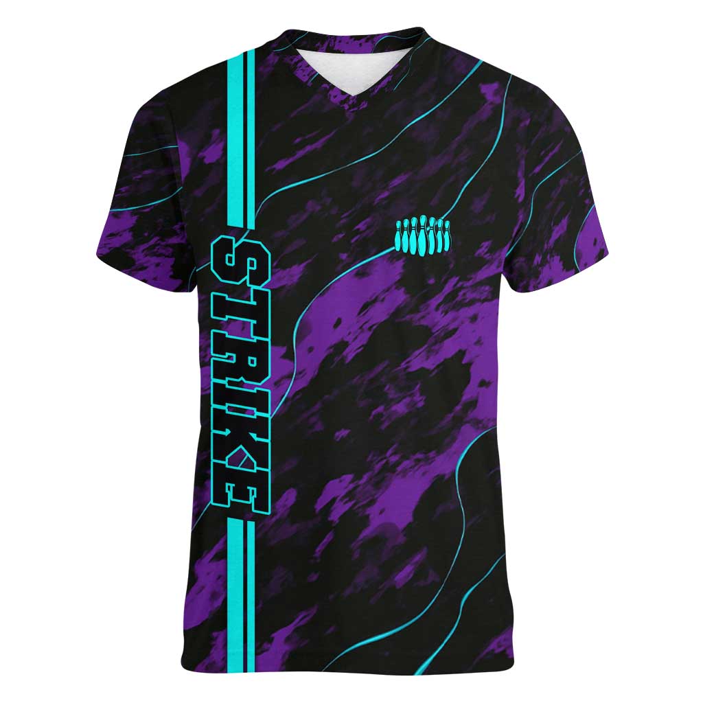Strike Bowling Graphic Women V-Neck T-Shirt with Purple Black Marble Texture and Custom Team Name - Wonder Print Shop