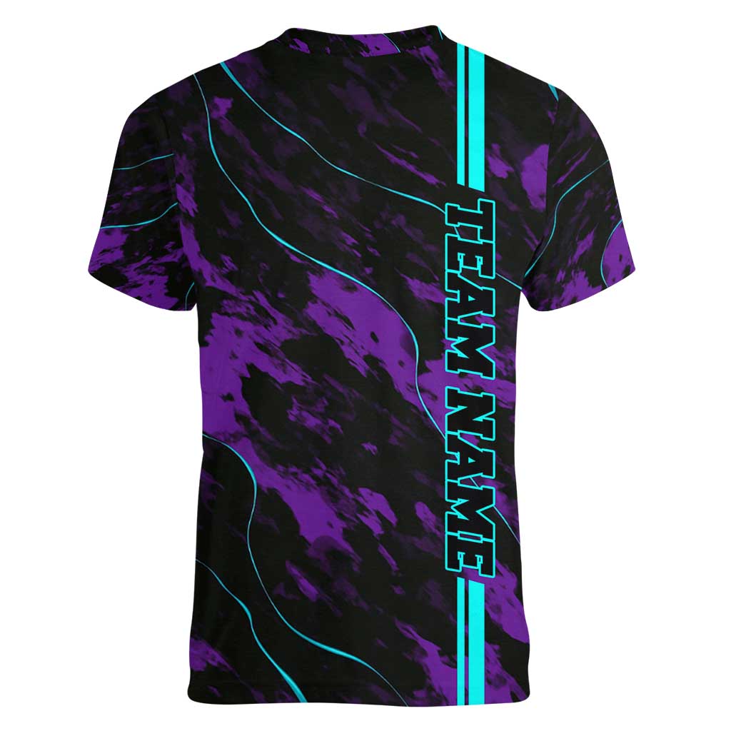 Strike Bowling Graphic Women V-Neck T-Shirt with Purple Black Marble Texture and Custom Team Name - Wonder Print Shop