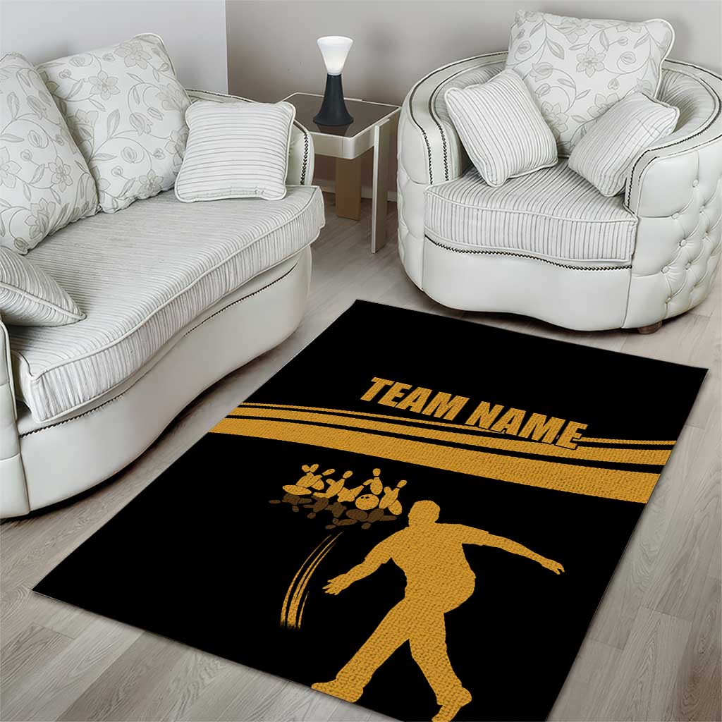 Bowling Player Silhouette Area Rug with Gold Strike Motion and Custom Team Name Design - Wonder Print Shop