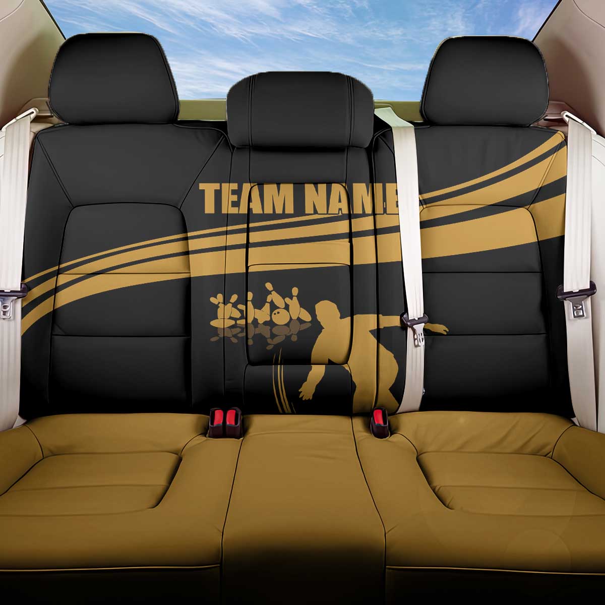 Bowling Player Silhouette Back Car Seat Cover with Gold Strike Motion and Custom Team Name Design - Wonder Print Shop