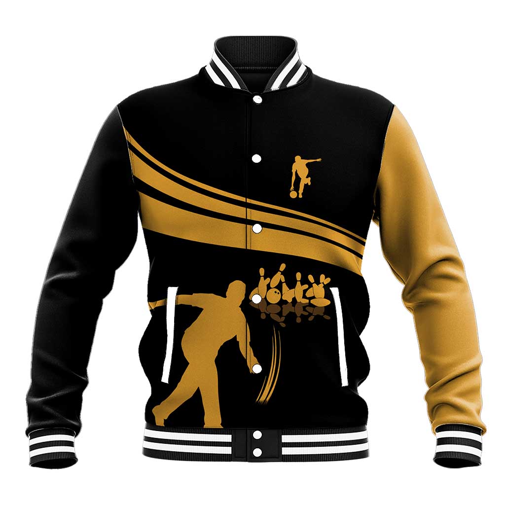Bowling Player Silhouette Baseball Jacket with Gold Strike Motion and Custom Team Name Design - Wonder Print Shop