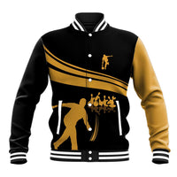 Bowling Player Silhouette Baseball Jacket with Gold Strike Motion and Custom Team Name Design - Wonder Print Shop
