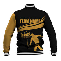 Bowling Player Silhouette Baseball Jacket with Gold Strike Motion and Custom Team Name Design - Wonder Print Shop