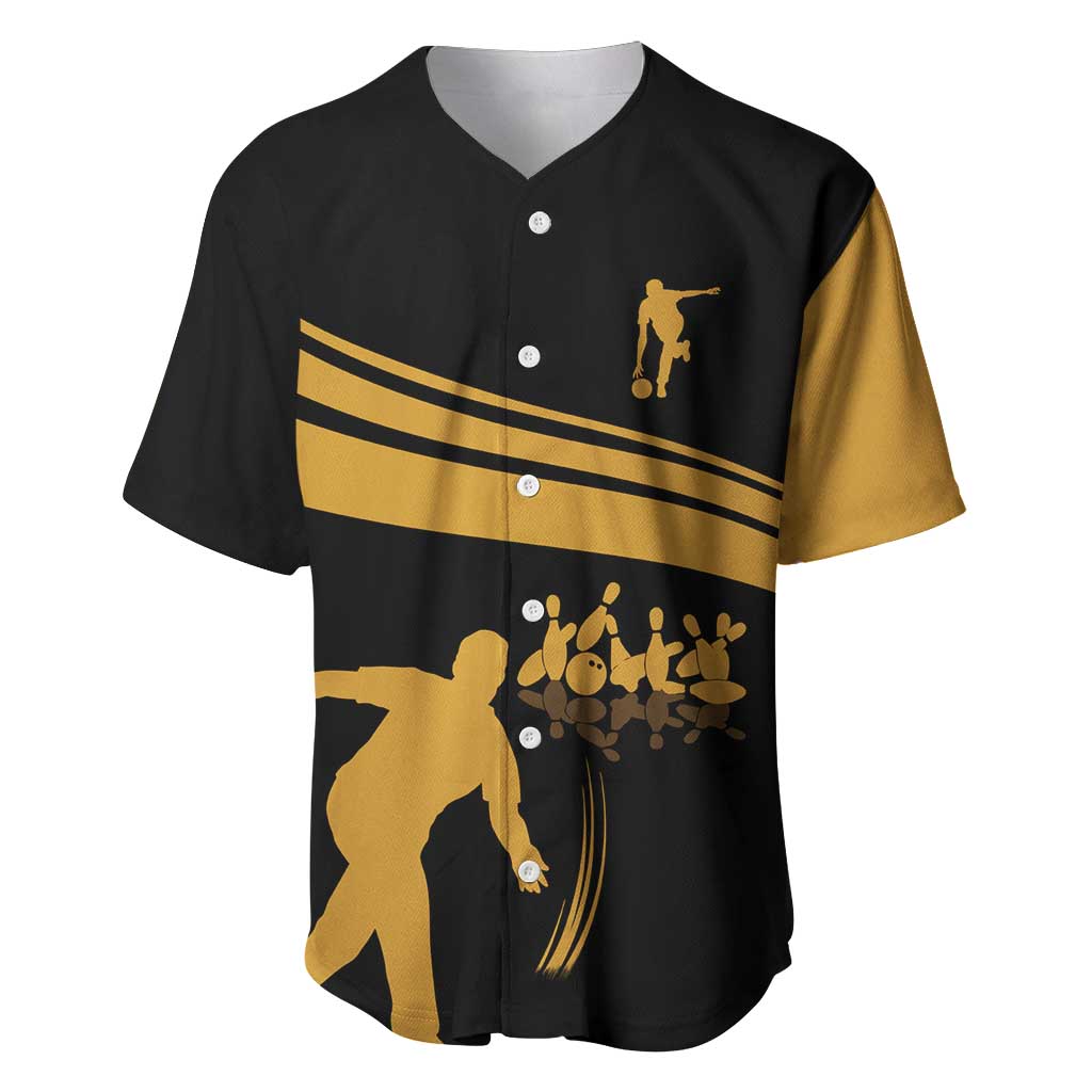 Bowling Player Silhouette Baseball Jersey with Gold Strike Motion and Custom Team Name Design - Wonder Print Shop