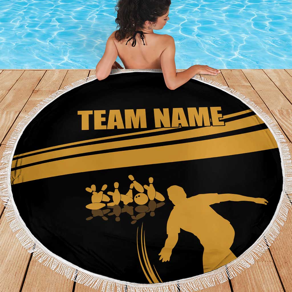Bowling Player Silhouette Beach Blanket with Gold Strike Motion and Custom Team Name Design - Wonder Print Shop