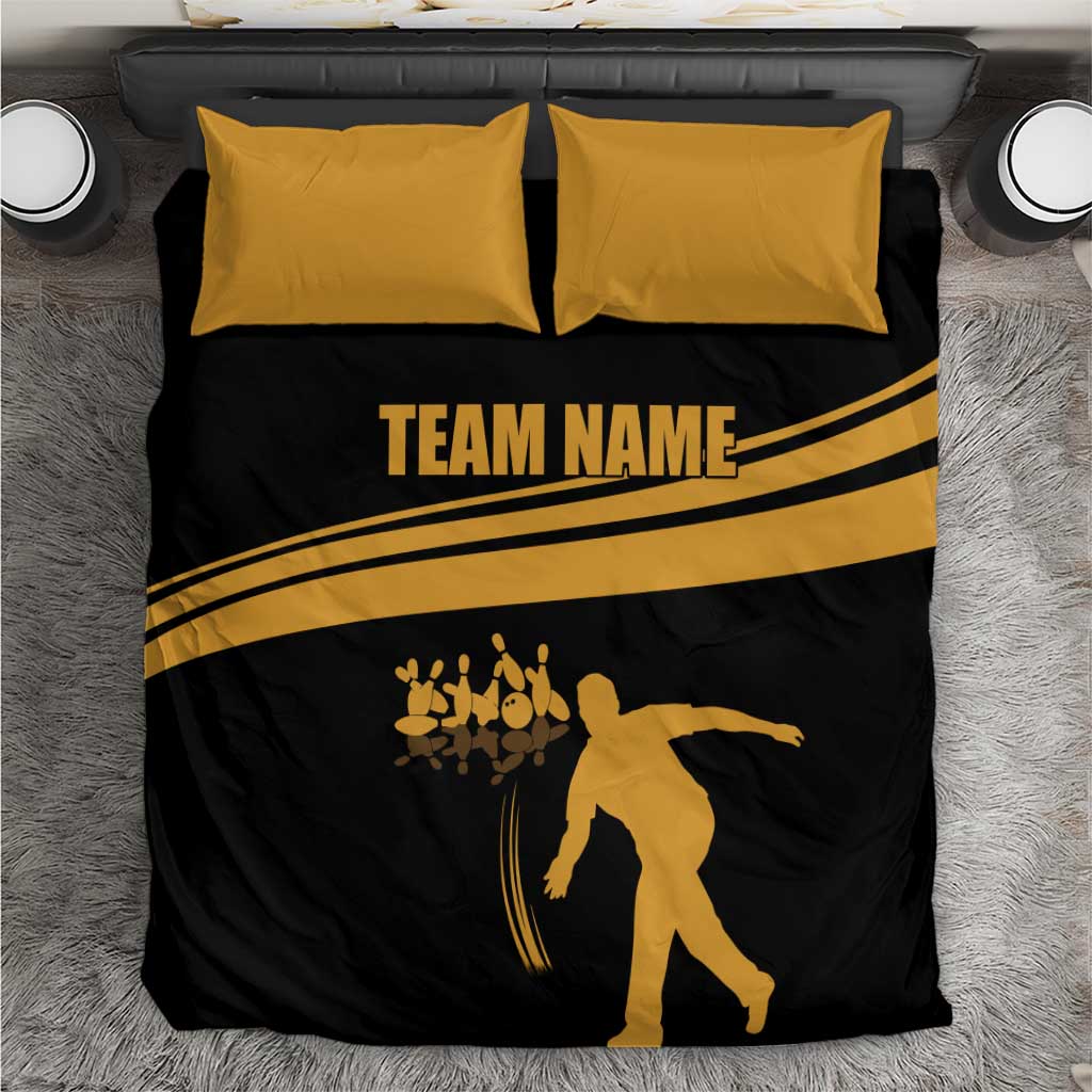 Bowling Player Silhouette Bedding Set with Gold Strike Motion and Custom Team Name Design - Wonder Print Shop