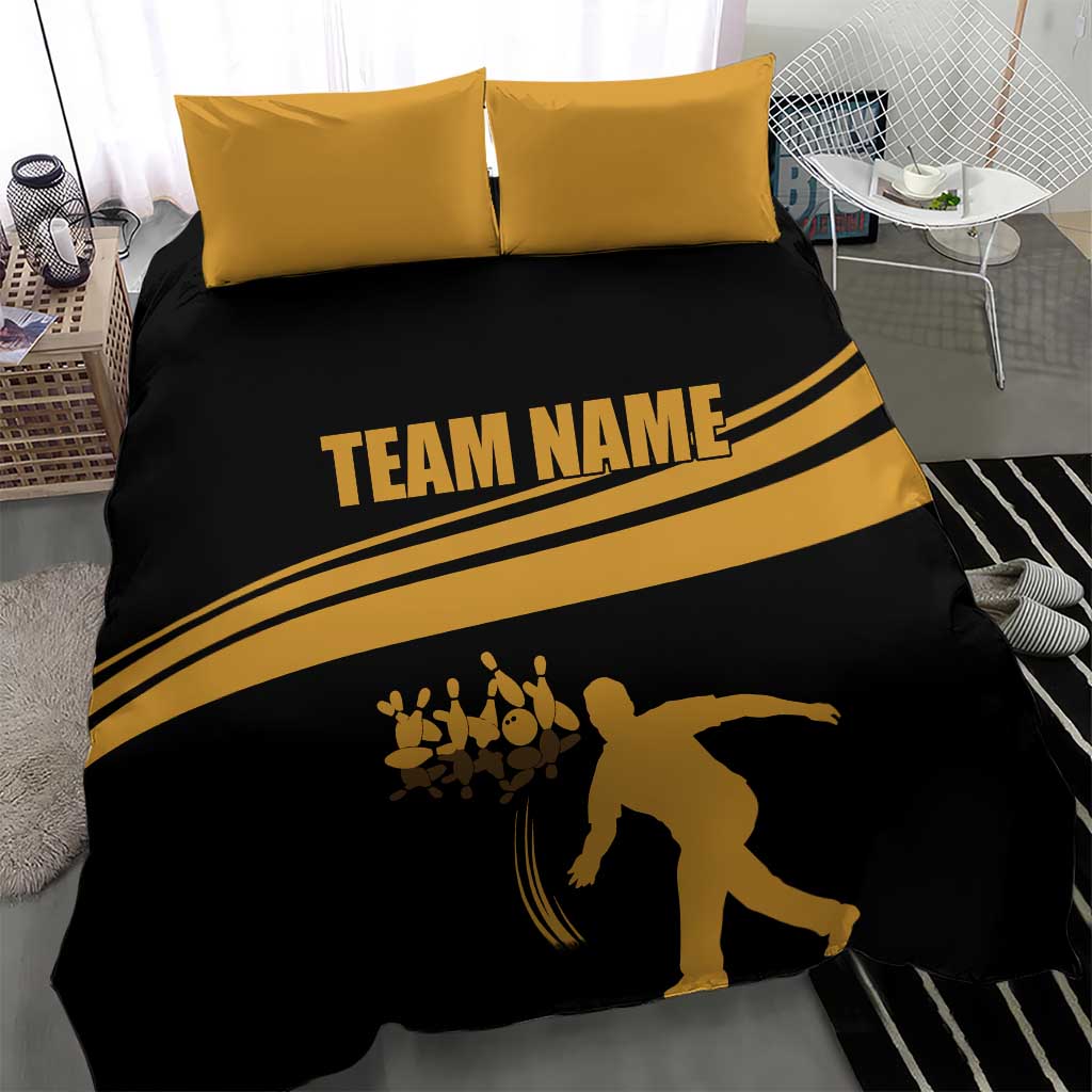 Bowling Player Silhouette Bedding Set with Gold Strike Motion and Custom Team Name Design - Wonder Print Shop