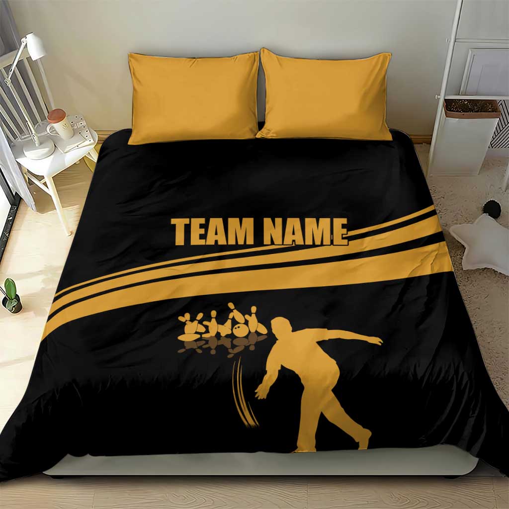 Bowling Player Silhouette Bedding Set with Gold Strike Motion and Custom Team Name Design - Wonder Print Shop