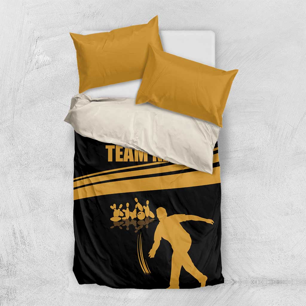 Bowling Player Silhouette Bedding Set with Gold Strike Motion and Custom Team Name Design - Wonder Print Shop