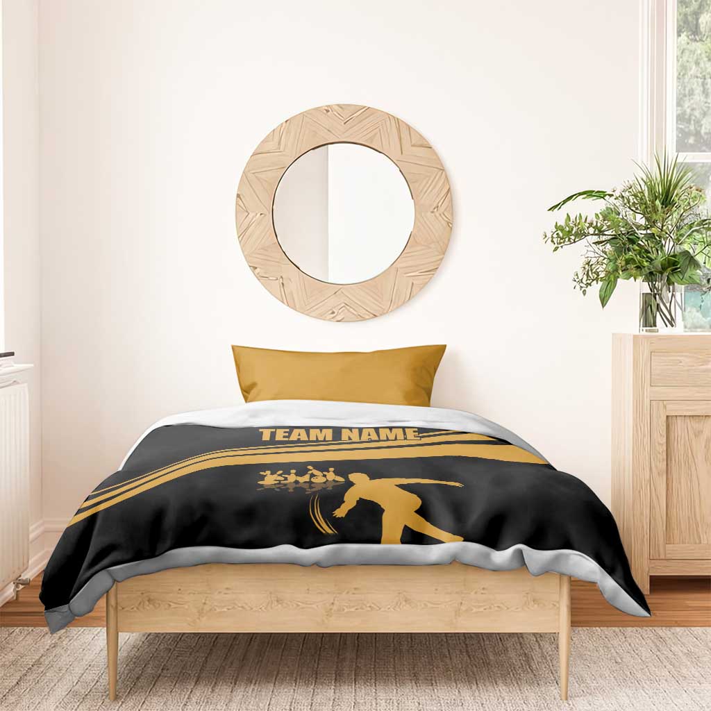 Bowling Player Silhouette Bedding Set with Gold Strike Motion and Custom Team Name Design - Wonder Print Shop