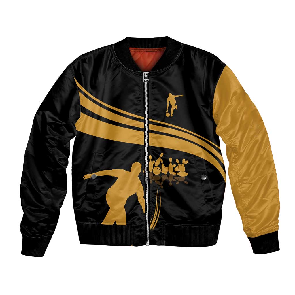 Bowling Player Silhouette Bomber Jacket with Gold Strike Motion and Custom Team Name Design - Wonder Print Shop