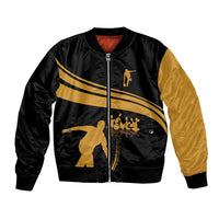 Bowling Player Silhouette Bomber Jacket with Gold Strike Motion and Custom Team Name Design - Wonder Print Shop