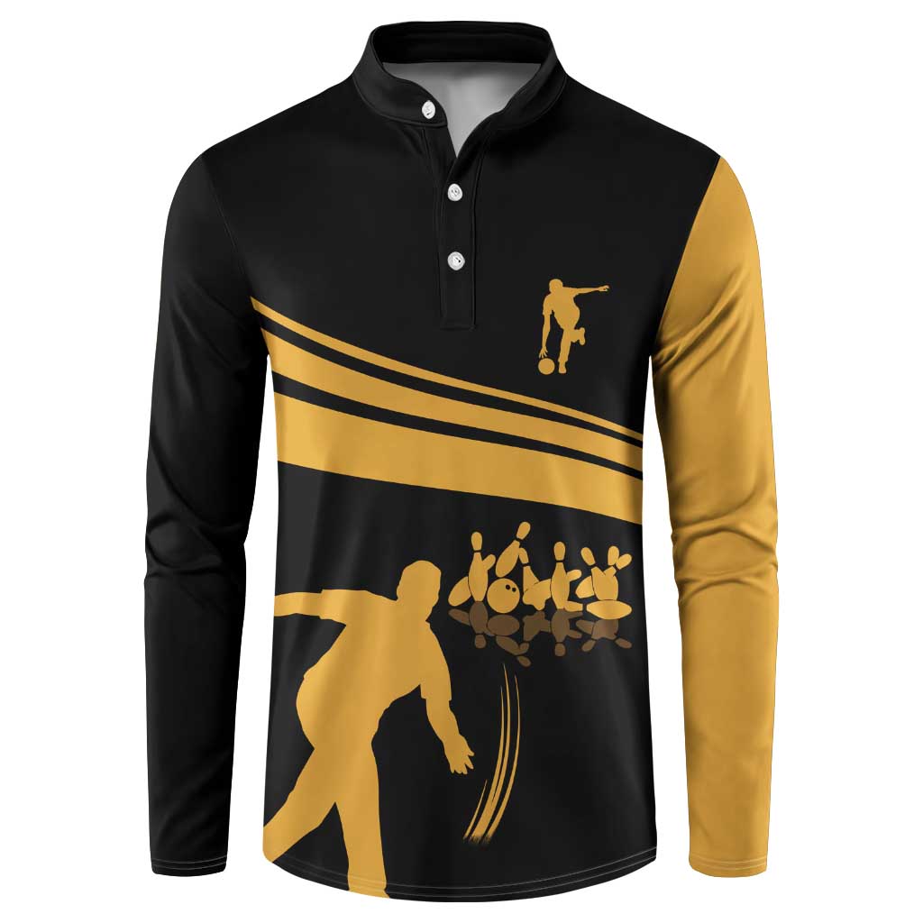 Bowling Player Silhouette Button Sweatshirt with Gold Strike Motion and Custom Team Name Design - Wonder Print Shop