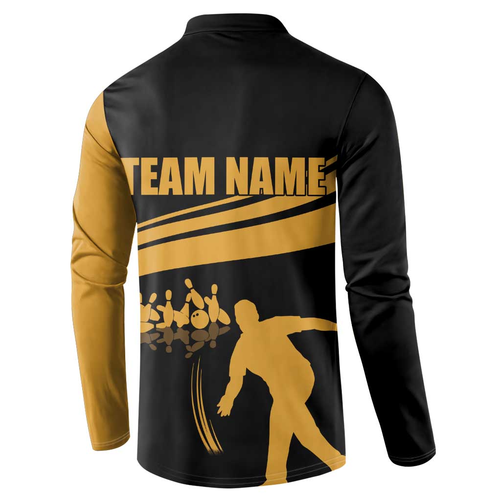 Bowling Player Silhouette Button Sweatshirt with Gold Strike Motion and Custom Team Name Design - Wonder Print Shop