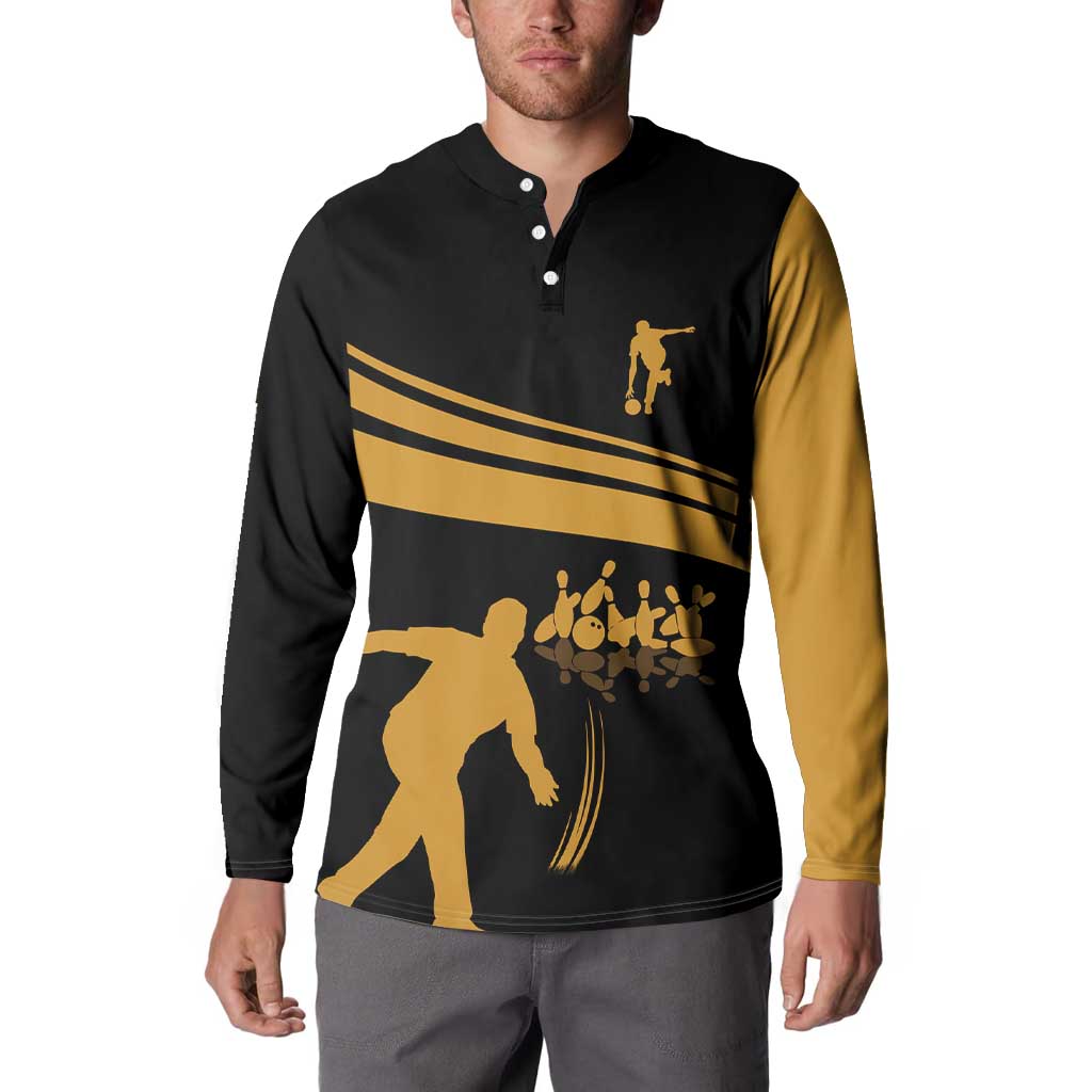 Bowling Player Silhouette Button Sweatshirt with Gold Strike Motion and Custom Team Name Design - Wonder Print Shop