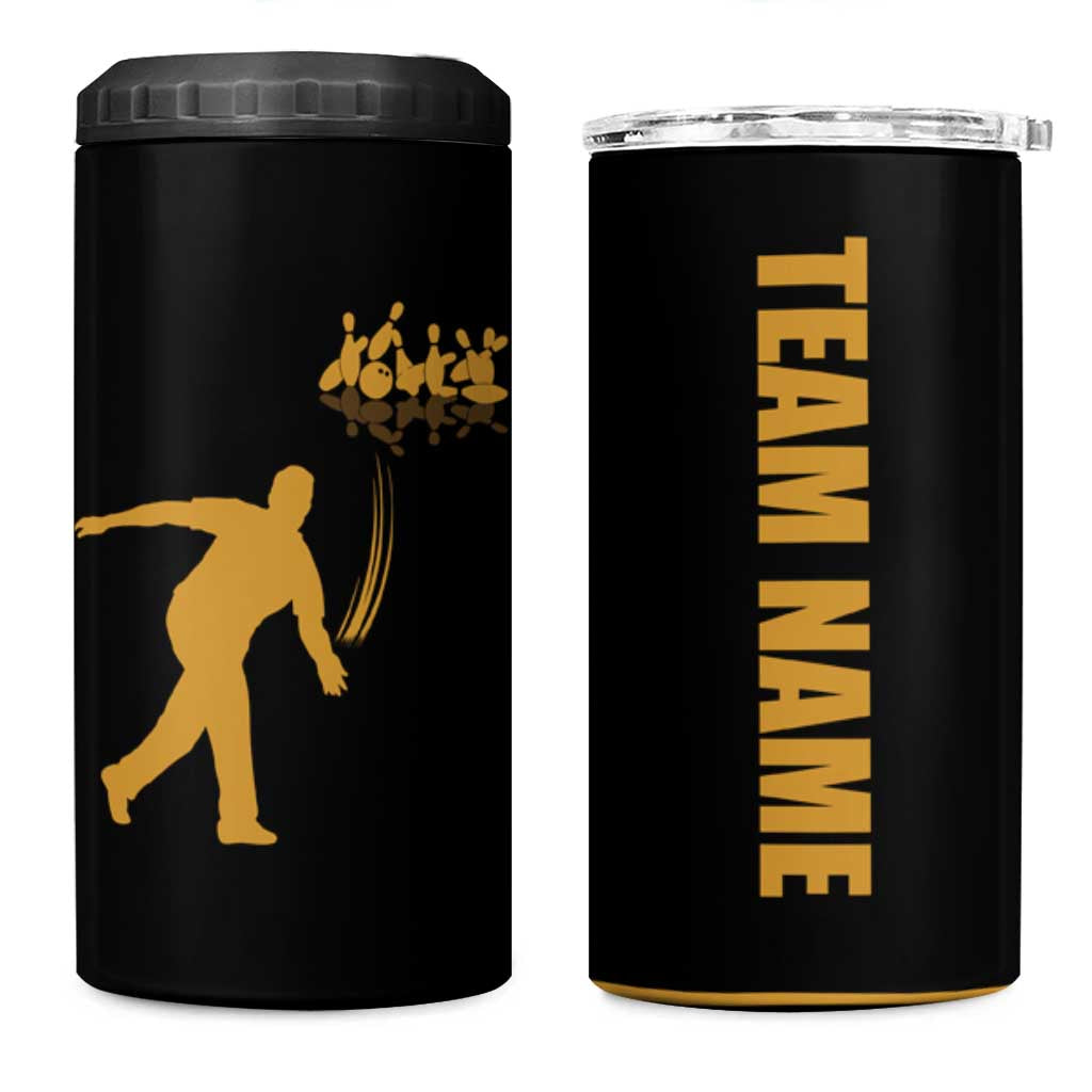 Bowling Player Silhouette 4 in 1 Can Cooler Tumbler with Gold Strike Motion and Custom Team Name Design - Wonder Print Shop
