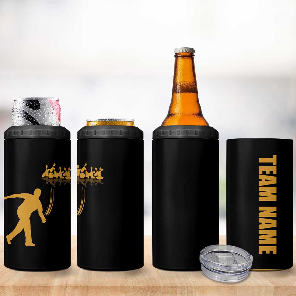 Bowling Player Silhouette 4 in 1 Can Cooler Tumbler with Gold Strike Motion and Custom Team Name Design - Wonder Print Shop