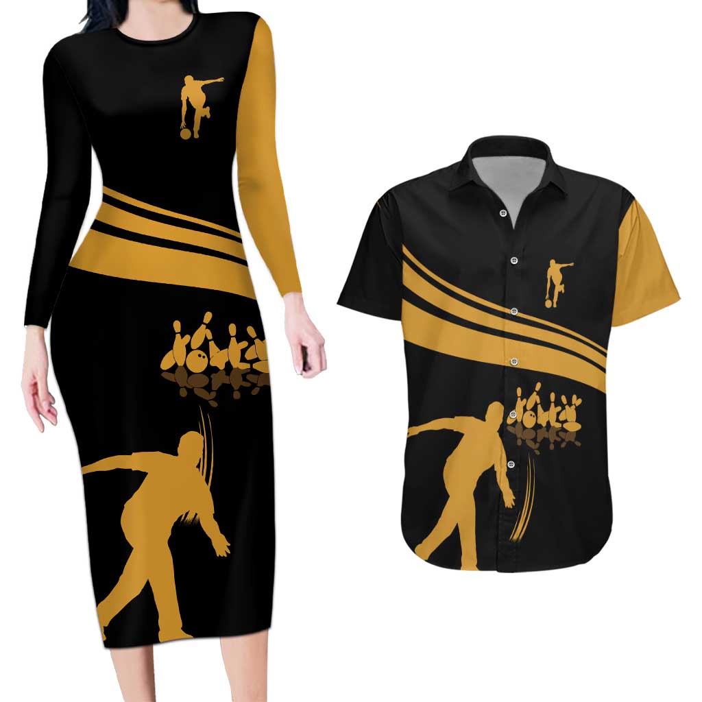 Bowling Player Silhouette Couples Matching Long Sleeve Bodycon Dress and Hawaiian Shirt with Gold Strike Motion and Custom Team Name Design - Wonder Print Shop