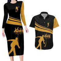 Bowling Player Silhouette Couples Matching Long Sleeve Bodycon Dress and Hawaiian Shirt with Gold Strike Motion and Custom Team Name Design - Wonder Print Shop