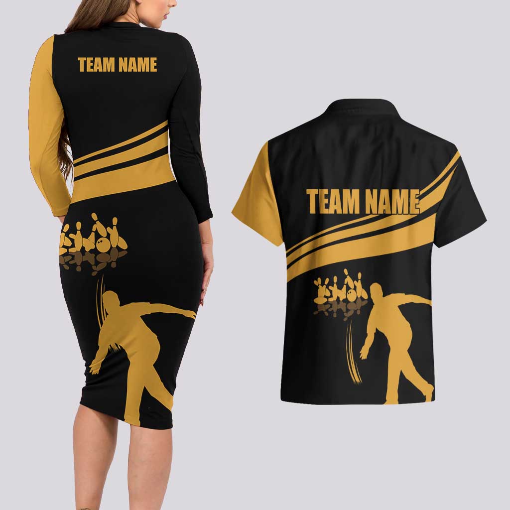 Bowling Player Silhouette Couples Matching Long Sleeve Bodycon Dress and Hawaiian Shirt with Gold Strike Motion and Custom Team Name Design - Wonder Print Shop