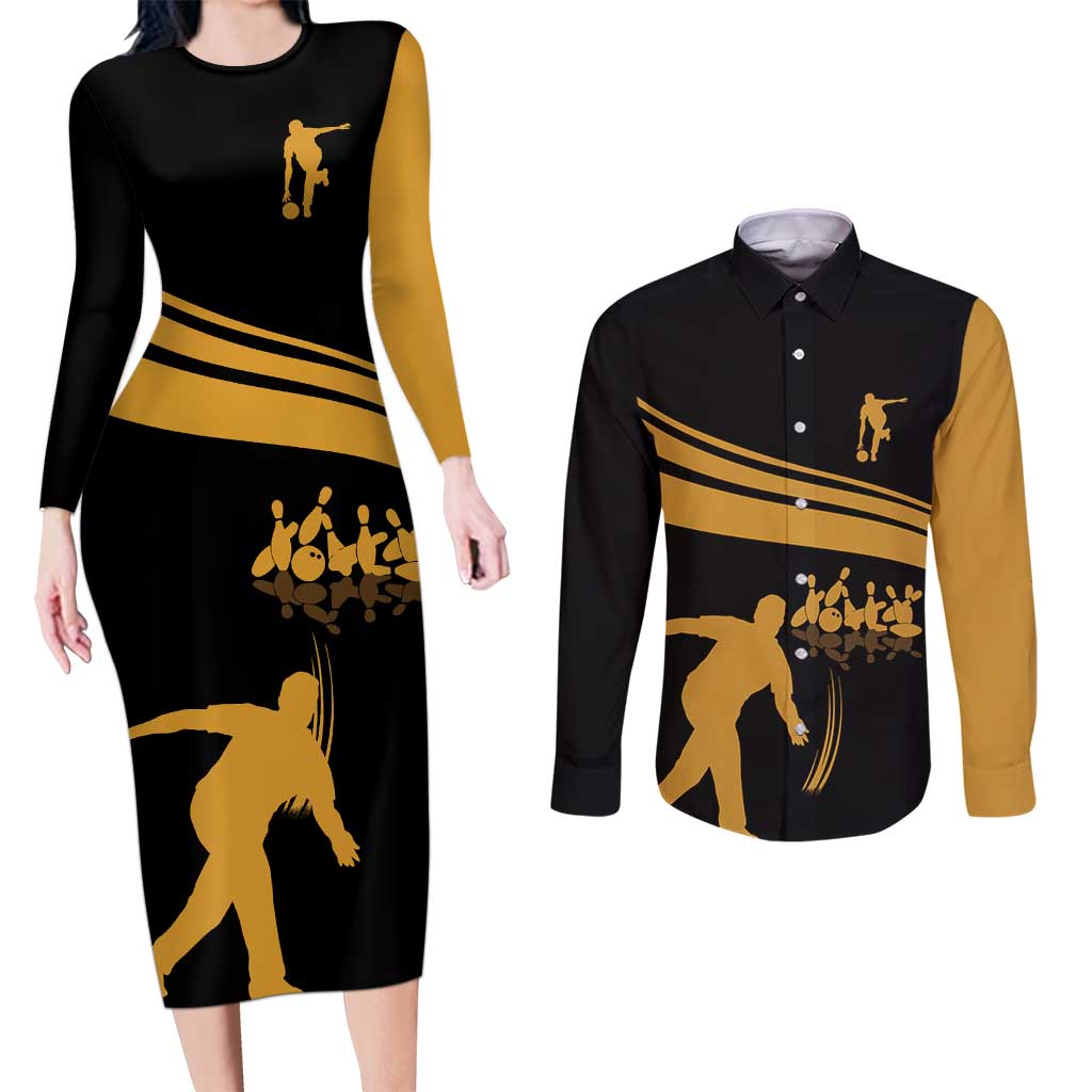 Bowling Player Silhouette Couples Matching Long Sleeve Bodycon Dress and Long Sleeve Button Shirt with Gold Strike Motion and Custom Team Name Design - Wonder Print Shop