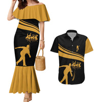 Bowling Player Silhouette Couples Matching Mermaid Dress and Hawaiian Shirt with Gold Strike Motion and Custom Team Name Design - Wonder Print Shop