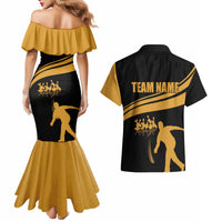 Bowling Player Silhouette Couples Matching Mermaid Dress and Hawaiian Shirt with Gold Strike Motion and Custom Team Name Design - Wonder Print Shop