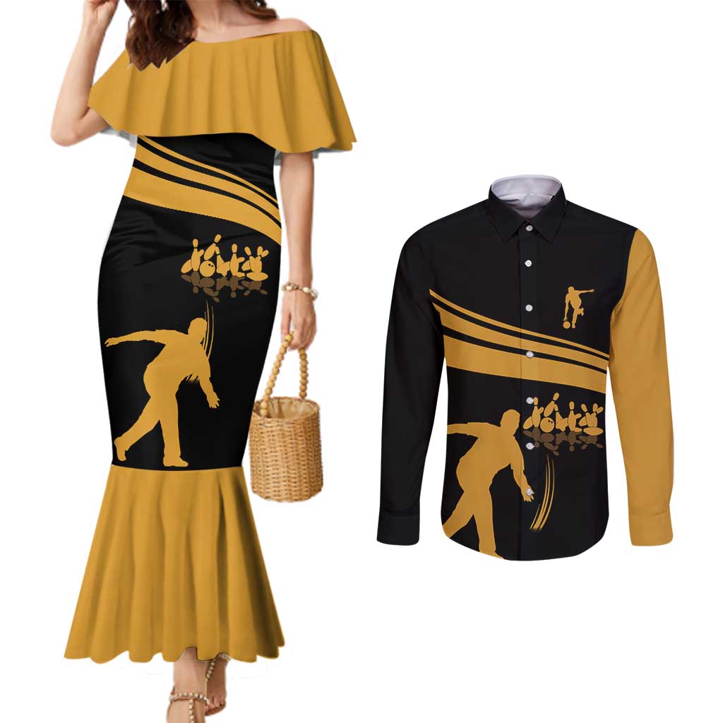 Bowling Player Silhouette Couples Matching Mermaid Dress and Long Sleeve Button Shirt with Gold Strike Motion and Custom Team Name Design - Wonder Print Shop