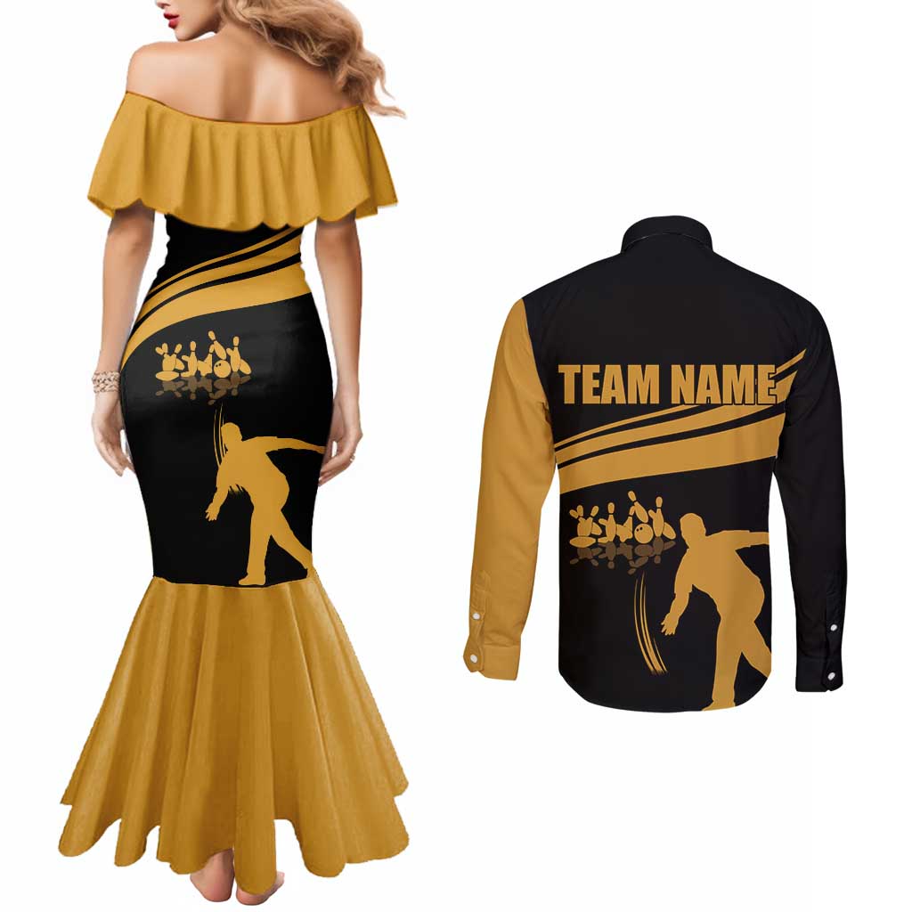 Bowling Player Silhouette Couples Matching Mermaid Dress and Long Sleeve Button Shirt with Gold Strike Motion and Custom Team Name Design - Wonder Print Shop