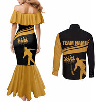 Bowling Player Silhouette Couples Matching Mermaid Dress and Long Sleeve Button Shirt with Gold Strike Motion and Custom Team Name Design - Wonder Print Shop