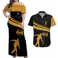 Bowling Player Silhouette Couples Matching Off Shoulder Maxi Dress and Hawaiian Shirt with Gold Strike Motion and Custom Team Name Design - Wonder Print Shop