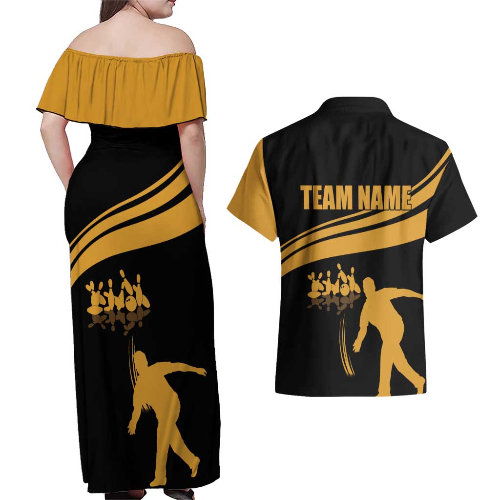Bowling Player Silhouette Couples Matching Off Shoulder Maxi Dress and Hawaiian Shirt with Gold Strike Motion and Custom Team Name Design - Wonder Print Shop