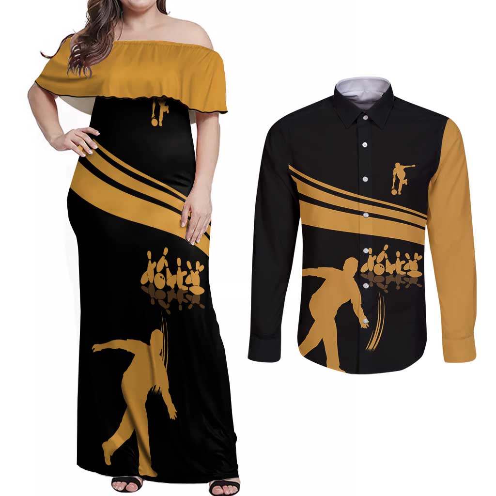 Bowling Player Silhouette Couples Matching Off Shoulder Maxi Dress and Long Sleeve Button Shirt with Gold Strike Motion and Custom Team Name Design - Wonder Print Shop