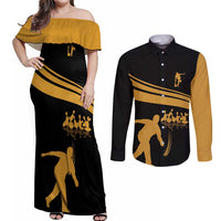 Bowling Player Silhouette Couples Matching Off Shoulder Maxi Dress and Long Sleeve Button Shirt with Gold Strike Motion and Custom Team Name Design - Wonder Print Shop