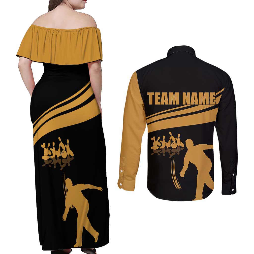 Bowling Player Silhouette Couples Matching Off Shoulder Maxi Dress and Long Sleeve Button Shirt with Gold Strike Motion and Custom Team Name Design - Wonder Print Shop