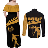 Bowling Player Silhouette Couples Matching Off Shoulder Maxi Dress and Long Sleeve Button Shirt with Gold Strike Motion and Custom Team Name Design - Wonder Print Shop