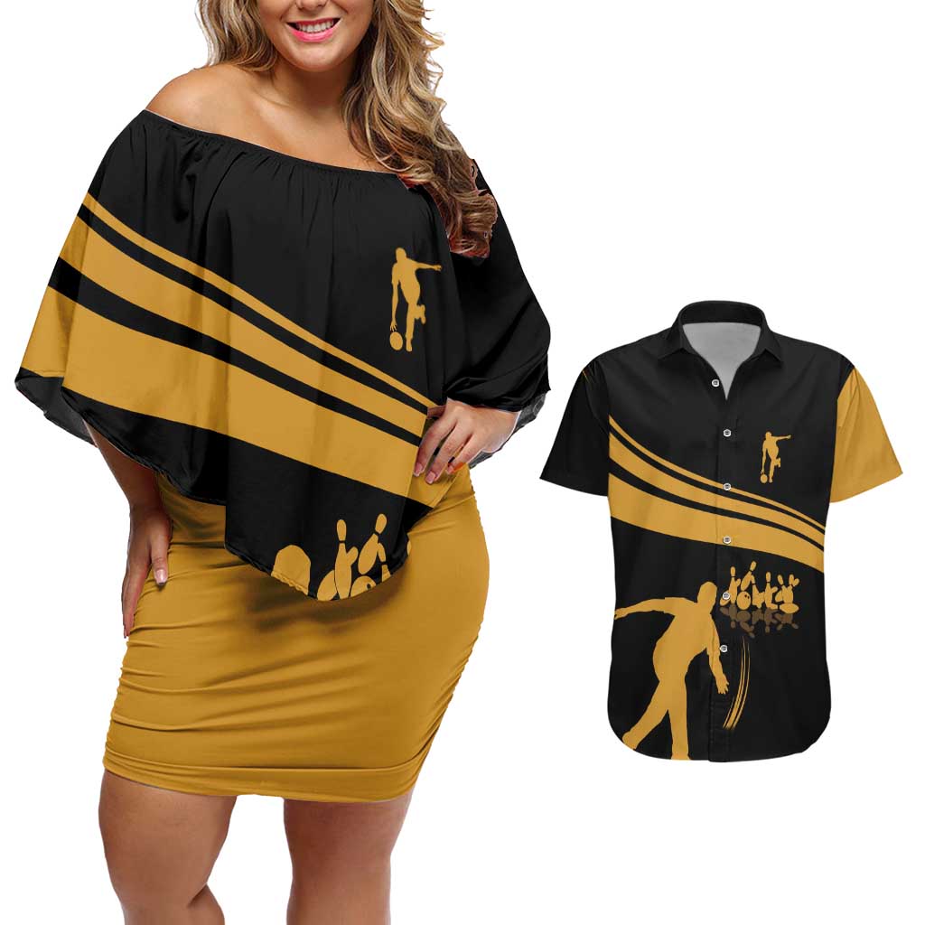 Bowling Player Silhouette Couples Matching Off Shoulder Short Dress and Hawaiian Shirt with Gold Strike Motion and Custom Team Name Design - Wonder Print Shop