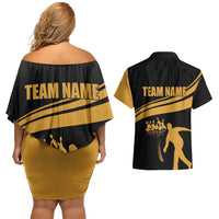 Bowling Player Silhouette Couples Matching Off Shoulder Short Dress and Hawaiian Shirt with Gold Strike Motion and Custom Team Name Design - Wonder Print Shop