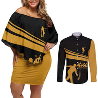 Bowling Player Silhouette Couples Matching Off Shoulder Short Dress and Long Sleeve Button Shirt with Gold Strike Motion and Custom Team Name Design - Wonder Print Shop