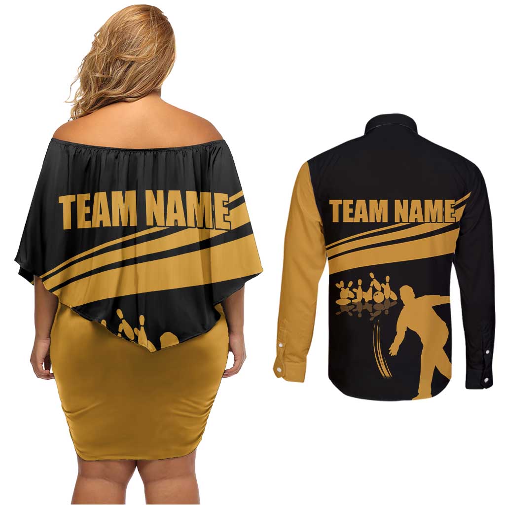 Bowling Player Silhouette Couples Matching Off Shoulder Short Dress and Long Sleeve Button Shirt with Gold Strike Motion and Custom Team Name Design - Wonder Print Shop