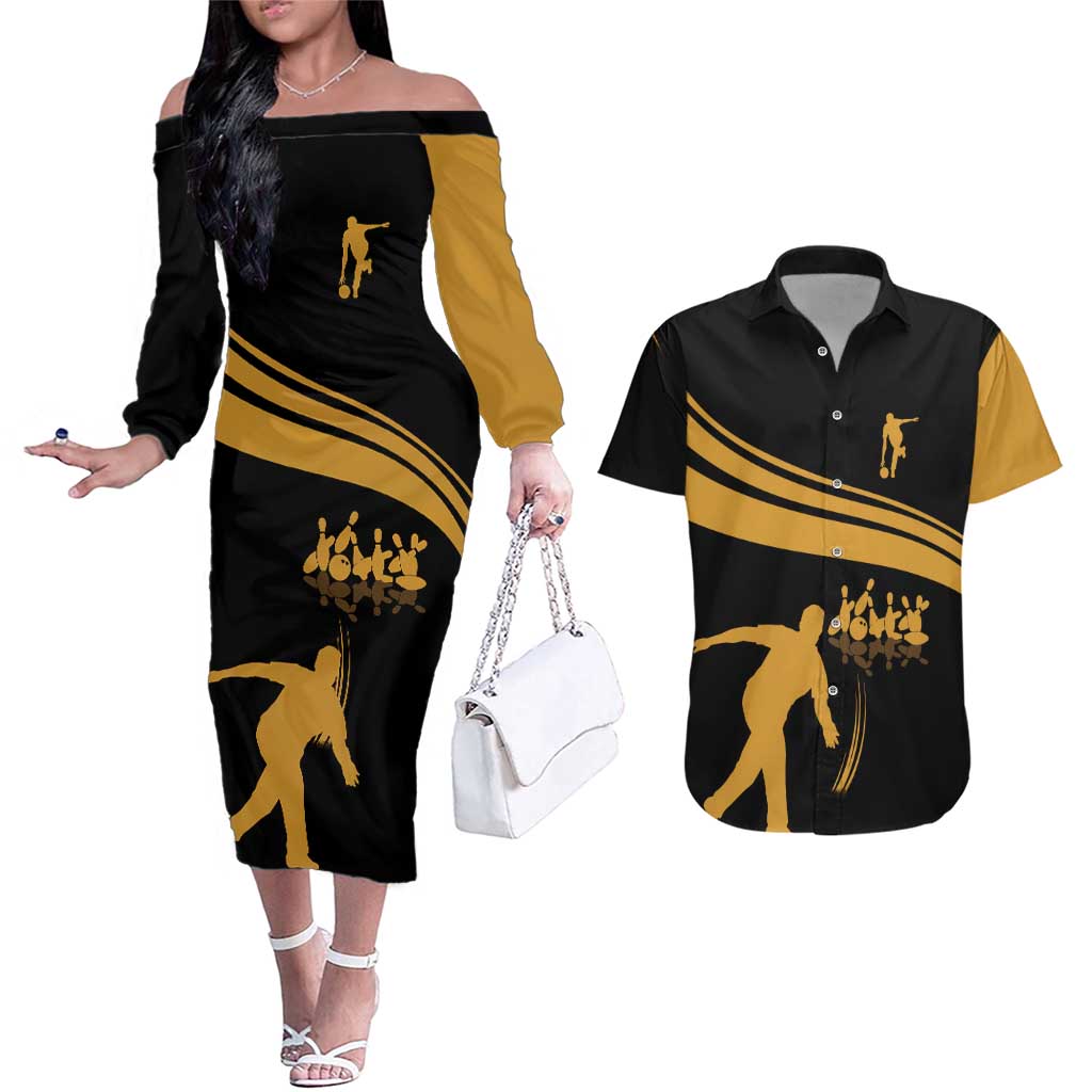 Bowling Player Silhouette Couples Matching Off The Shoulder Long Sleeve Dress and Hawaiian Shirt with Gold Strike Motion and Custom Team Name Design - Wonder Print Shop