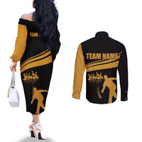 Bowling Player Silhouette Couples Matching Off The Shoulder Long Sleeve Dress and Long Sleeve Button Shirt with Gold Strike Motion and Custom Team Name Design - Wonder Print Shop