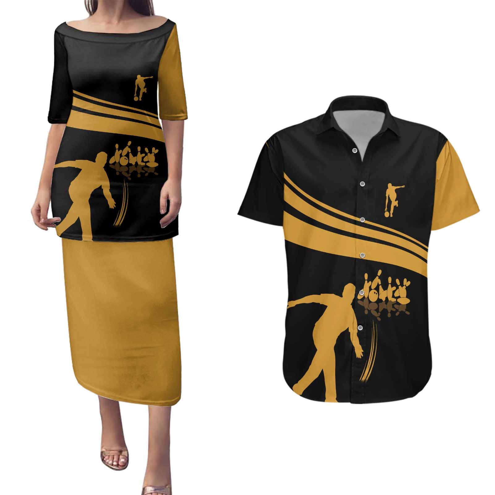 Bowling Player Silhouette Couples Matching Puletasi and Hawaiian Shirt with Gold Strike Motion and Custom Team Name Design - Wonder Print Shop