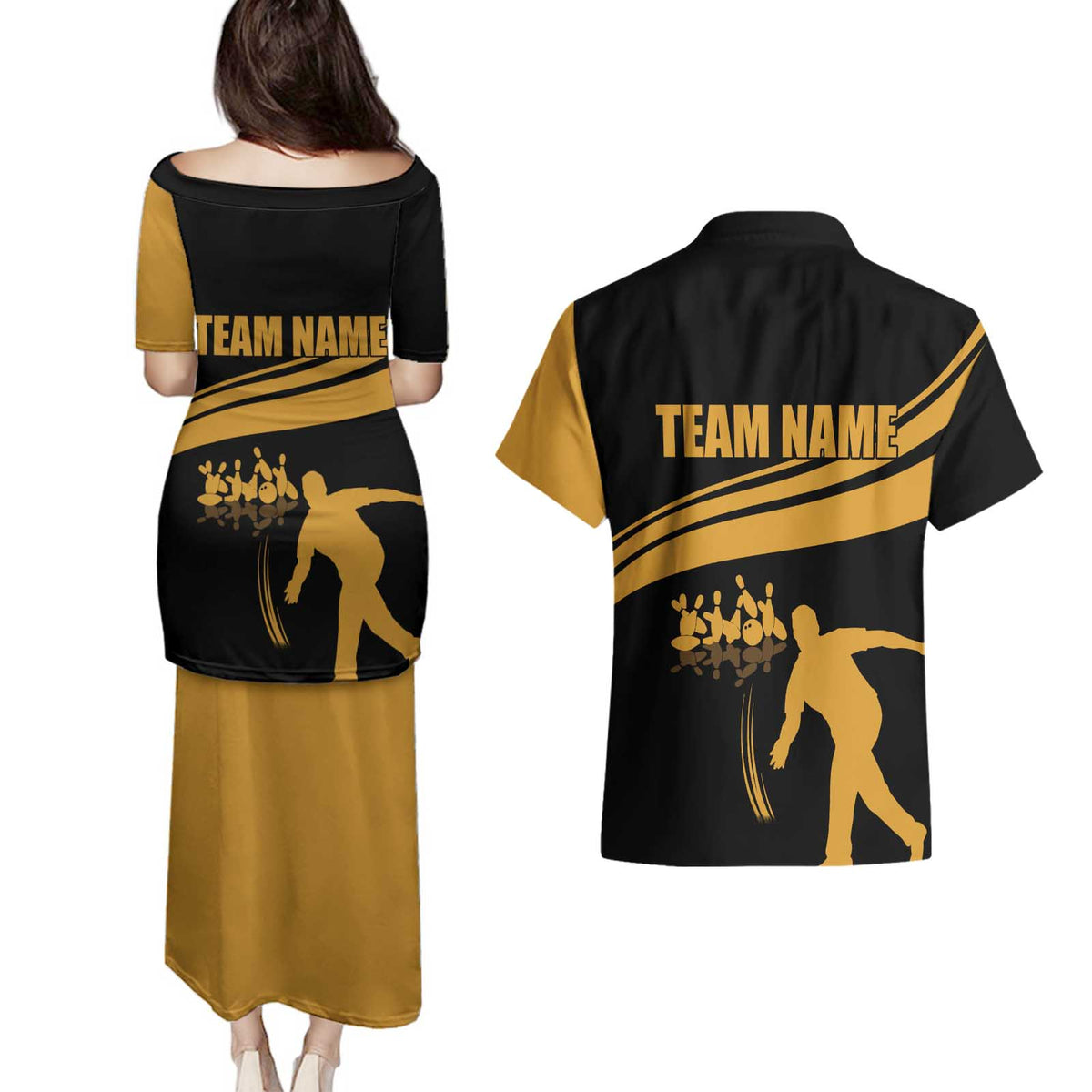 Bowling Player Silhouette Couples Matching Puletasi and Hawaiian Shirt with Gold Strike Motion and Custom Team Name Design - Wonder Print Shop
