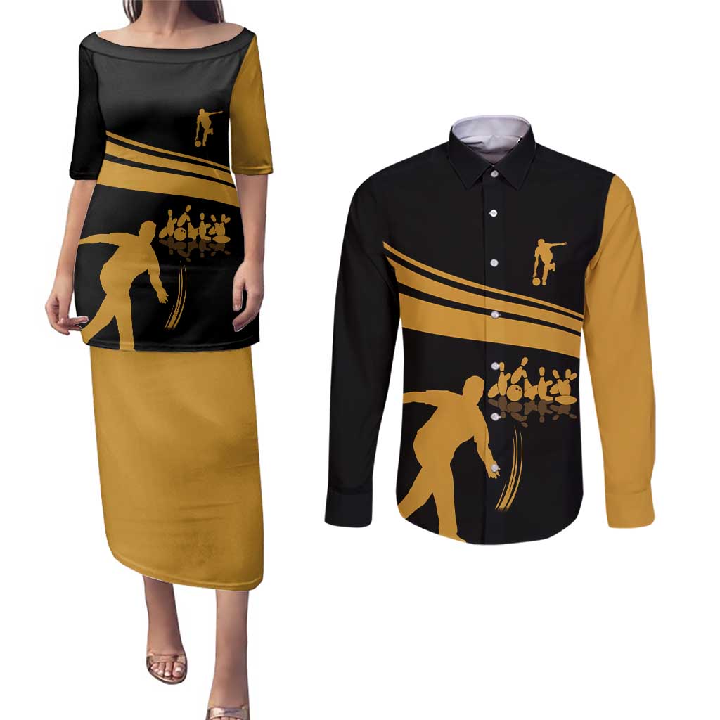 Bowling Player Silhouette Couples Matching Puletasi and Long Sleeve Button Shirt with Gold Strike Motion and Custom Team Name Design - Wonder Print Shop