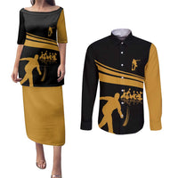 Bowling Player Silhouette Couples Matching Puletasi and Long Sleeve Button Shirt with Gold Strike Motion and Custom Team Name Design - Wonder Print Shop